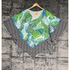 Ruby Rd Women's  2X‎ Poncho V Neck Top Tropical Palm Print Cruise Boho Resort